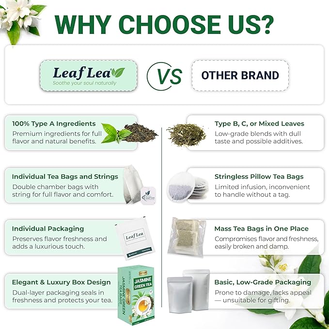 LeafLea 80 Jasmine Green Tea Bags, Green Tea with Natural Jasmine Aroma, Light Focus & Daily Balance, Delicate Floral and Smooth Taste, Caffeinated, Sugar-Free, Non-GMO, Vegan, Individually Wrapped