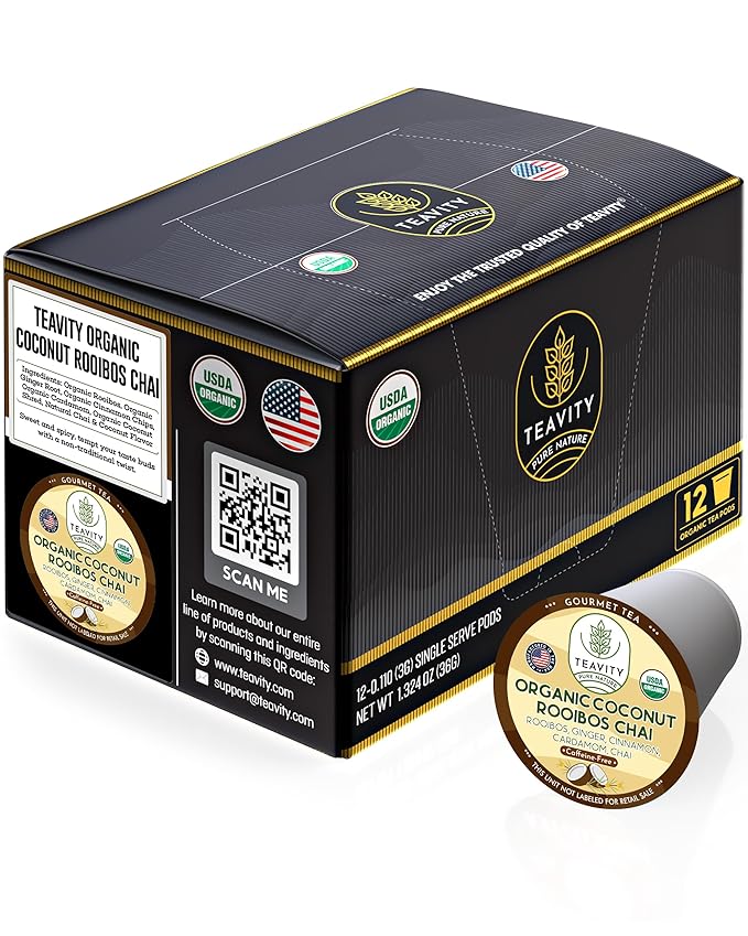 Coconut Rooibos Chai Tea Pods for Keurig - Organic Ginger Tea, Rooibos, Cinnamon, Cardamom, Coconut & Chai by Teavity (12 Tea Pods)