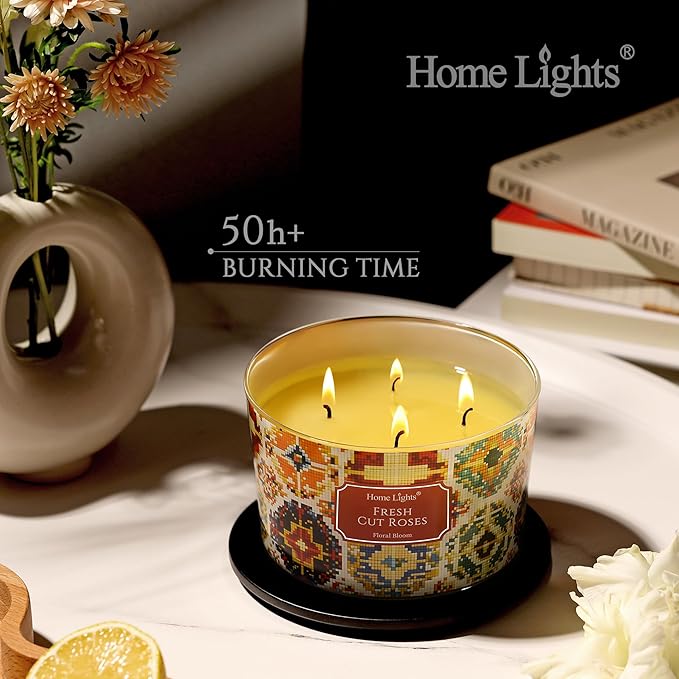 HomeLights 4-Wick Candles for Home Scented - 18oz Soy Wax Blend Candle Long-Lasting Fragrance, Bohemian Natural Textures Home Decor and Housewarming Gifts, Fresh Cut Roses