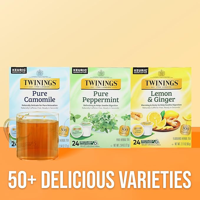 Twinings Pure Peppermint Herbal Tea K-Cup Pods for Keurig, 24 Count (Pack of 1), Made with 100% Pure Peppermint, Naturally Caffeine-Free, Enjoy Hot or Iced