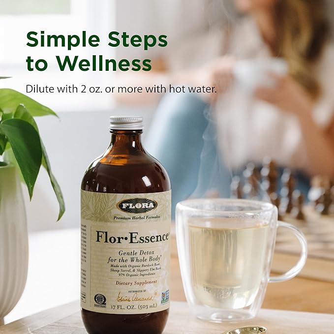 Flora Flor Essence Liquid Tea Blend 32oz LARGE - Gentle Detox Cleanse with Burdock Root, Slippery Elm, Kelp, Thistle - Premium Organic Ingredients