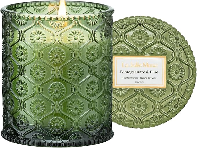 LA JOLIE MUSE Christmas Candles | Pine & Pomegranate Candle | Lemon, Pomegranate & Pine | 6 oz Natural Soy Wax | 40 Hours Clean Burn | Gift-Ready for Hosts, Gatherings | Elegant Home Décor
