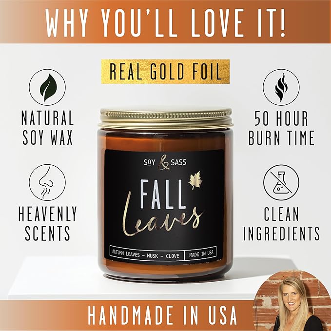 Fall Candles - 'Fall Leaves' Fall Candle w/Autumn Leaves, Clove & Musk I Infused with Essential Oils I Autumn Scented Candles I Cozy Cute Autmn Décor Gifts I 9oz Jar I 50Hr Burn I Made in USA
