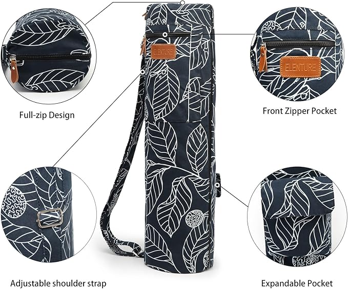 ELENTURE Canvas Yoga Mat Bag with Adjustable Strap & Pockets, Full-Zip Travel Gym Tote for Women & Men, Fits 1/4" & 1/3" Thick Mats, Lightweight Carrier for Yoga, Workout, Outdoor Use