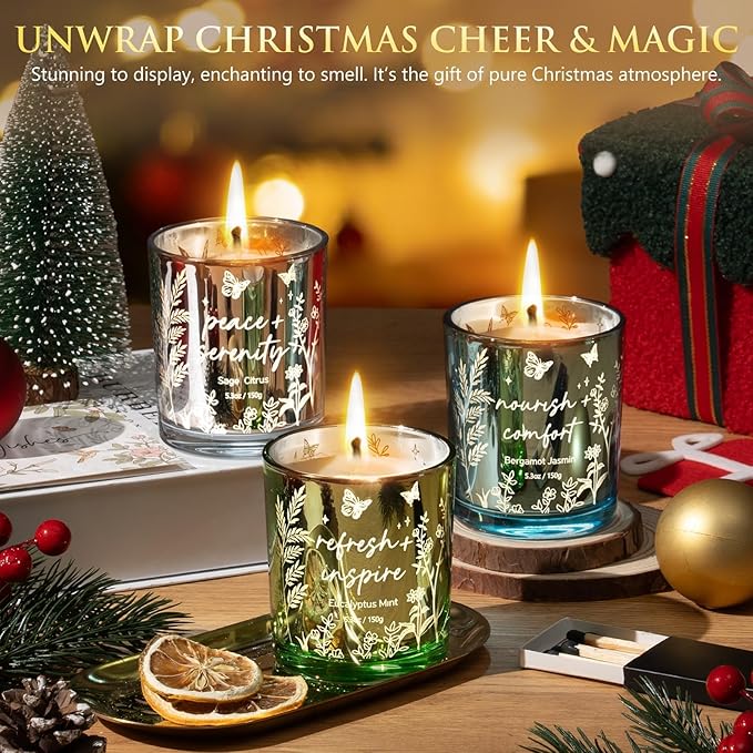 Scented Candles for Women, 3 Pack Candle Sets Soy Candles for Home Scented Holiday Votive Candle Gifts Set, Valentine's Day Birthday Gifts for Women Her - Eucalyptus Mint/Bergamot Jasmin/Sage Citrus