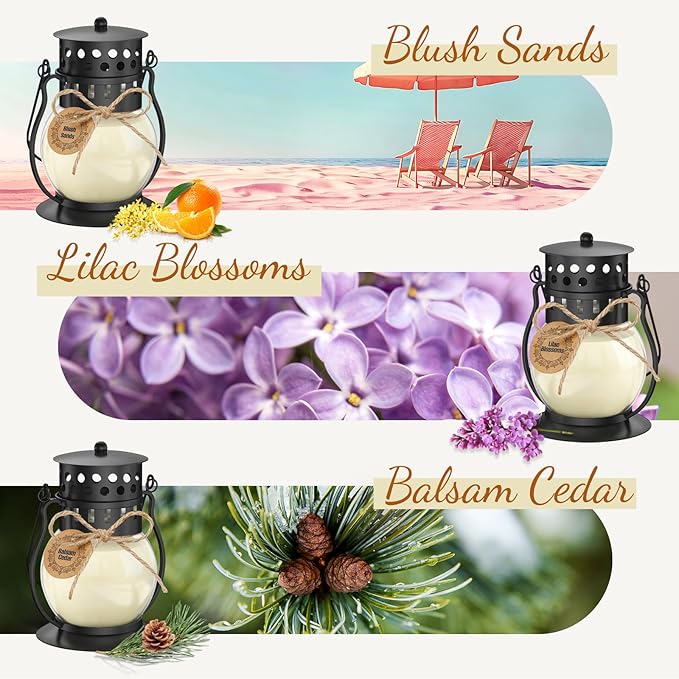 Scented Candles Gift Set - 3 Pack Candles for Home Scented Retro Lantern, Fall Candle Set perfect for Women, Birthday, Yoga, Weddings, Christmas, Soy Wax Candle Blush Sands/Lilac Blossoms/Balsam Cedar