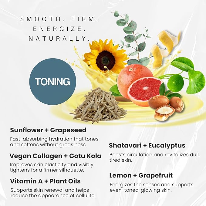 Luxurious Toning Body Massage Oil with Ayurvedic Extracts, Vitamin A & Vegan Collagen | Firms, Nourishes & Uplifts Skin | Fast-Absorbing, Non-Greasy | No Artificial Fragrance| 500ml (16.9 fl oz)