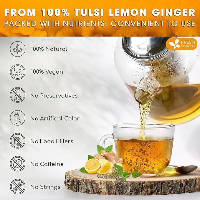 FreshDrinkUS, Premium 75 Tulsi Lemon Ginger Tea Bags, 100% Natural & Pure from Tulsi Holy Basil Leaves, Lemon and Ginger. Made with Natural Material Tea Bags. No Sugar, No Caffeine, Vegan.