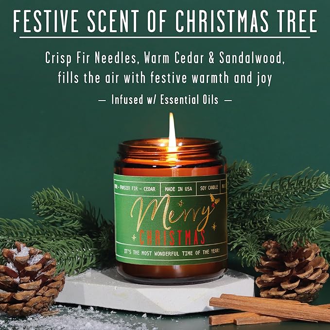 Christmas Candles - 'Merry Christmas' Christmas Scented Holiday Candles, w/Pine, Frasier Fir, Cedar I Christmas Tree Candle I Stocking Stuffers for Women I 9oz, 50Hr, USA Made
