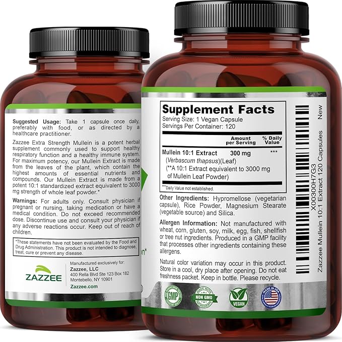 Zazzee Extra Strength Mullein 10:1 Extract, 3000 mg Strength, 120 Vegan Capsules, 4 Month Supply, Standardized 10X Extract, 100% Pure Leaf Powder, All-Natural and Non-GMO, Made in The USA