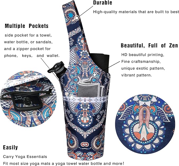 Fashion Printed Yoga Mat Bag with Large Side Pocket & Zipper Pocket Long Tote Yoga Bag Fit Most Size Mats - Holds More Yoga Accessories