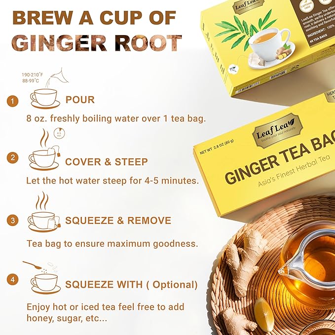 LeafLea 160 Ginger Tea Bags, Pure Ginger Root Herbal Tea, Spicy & Comforting, Supports Digestion & Immune Health, Caffeine Free, Sugar Free, Non-GMO, Vegan, Individually Wrapped for Freshness