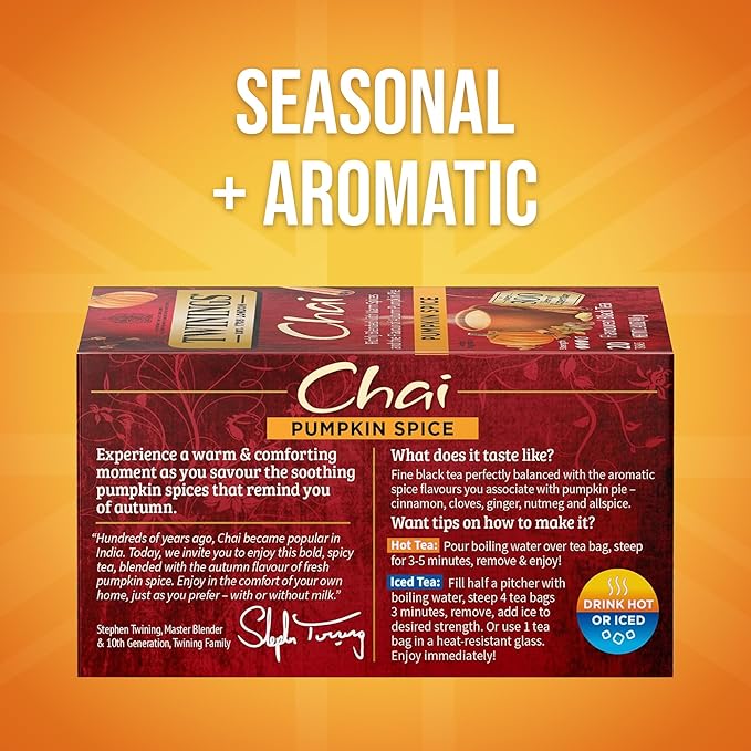 Twinings Pumpkin Spice Chai Black Tea Individually Wrapped Bags, 20 Count (Pack of 6), Warm, Spicy & Aromatic, Caffeinated, Enjoy Hot or Iced, 120 Teabags