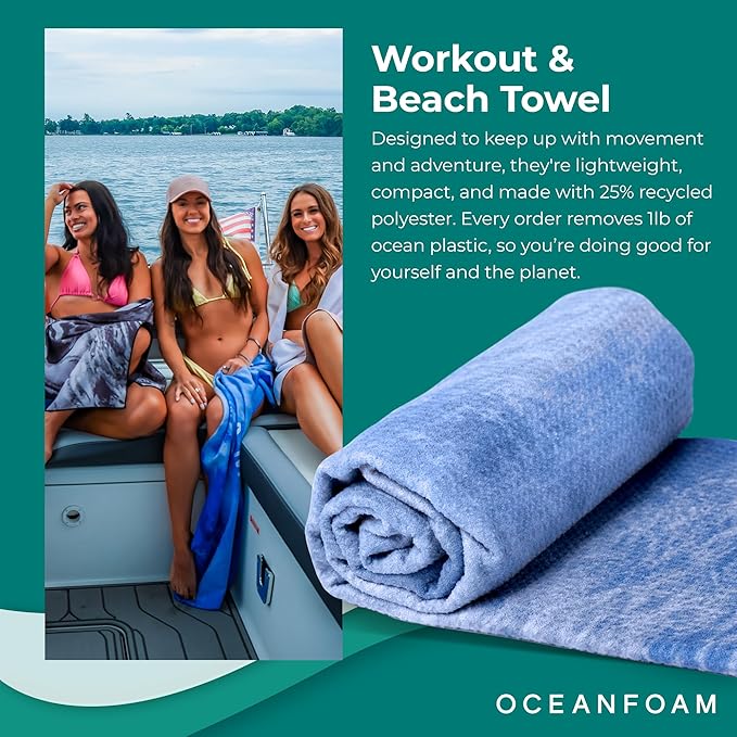 Oceanfoam Beach Towel – Lightweight, Absorbent, Quick-Drying, Sand-Resistant, Non-Slip – Ideal for Workouts, Yoga, Pilates, Beach, Pool, Boat & Travel – 25% Recycled – 72"x24" (Ocean)