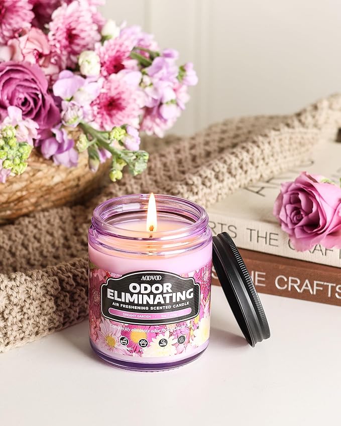 AOOVOO Dreamy Garden Odor Eliminating Highly Fragranced Candle - Eliminates 95% of Pet, Smoke, Food, and Other Smells Quickly, Air Freshing Soy Candle, 9 oz Up to 50 Hours Burn time