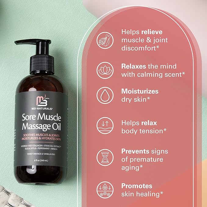 Arnica Sore Muscle Massage Oil with Collagen, Stem Cells, and Menthol, Anti-Cellulite Therapy for Full Body, Fast-Absorbing Multipurpose Treatment, 8 fl oz by M3 Naturals