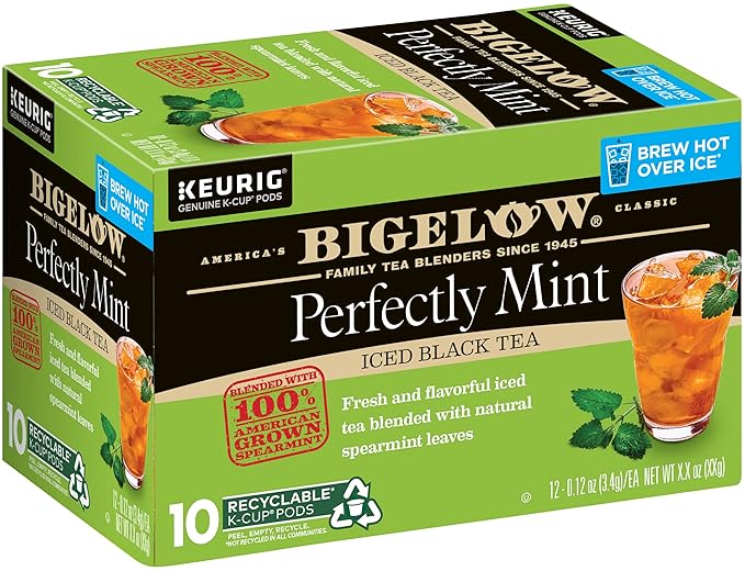 Bigelow Tea Unsweetened Perfectly Mint Iced Black Tea Keurig K Cup Pods, Caffeinated Tea Keurig Tea Pods, 10 Count Box (Pack of 6), 60 Total K-Cup Pods