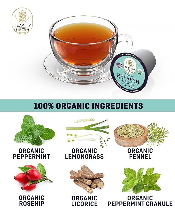 Organic Licorice Mint Tea Pods for Keurig - Natural Decaf Peppermint Tea by Teavity (12 Tea Pods)