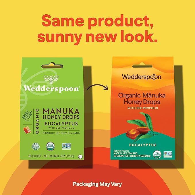 Wedderspoon Organic Manuka Honey Drops, Eucalyptus & Bee Propolis, 20 Count (4oz) (Pack of 1)| Genuine New Zealand Honey | Perfect Remedy For Dry Throats