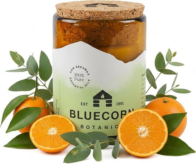 Bluecorn Beeswax Large 3-Wick Candle, 100% Pure Beeswax with Eucalyptus & Orange Essential Oils, Amber Glass, Soy Free, Clean Burning Candle Wax, Long Lasting, Home Decor, American Made, 8 Oz, 1 Count