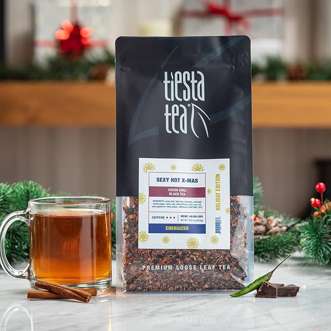 Tiesta Tea - Sexy Hot Christmas, Loose Leaf, Cocoa Chili Black Tea, Premium Blend, High Caffeinated Spicy Black, Make Hot or Iced Tea & Brews Up to 200 Cups, 16oz Resealable Bulk Pouch
