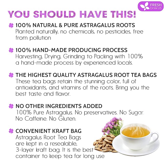 FreshDrinkUS, Premium 75 Astragalus Root Tea Bags, 100% Natural & Pure from Astragalus Root Herbal Tea. Made with Natural Material Tea Bags. No Sugar, No Caffeine, No Gluten, Vegan.