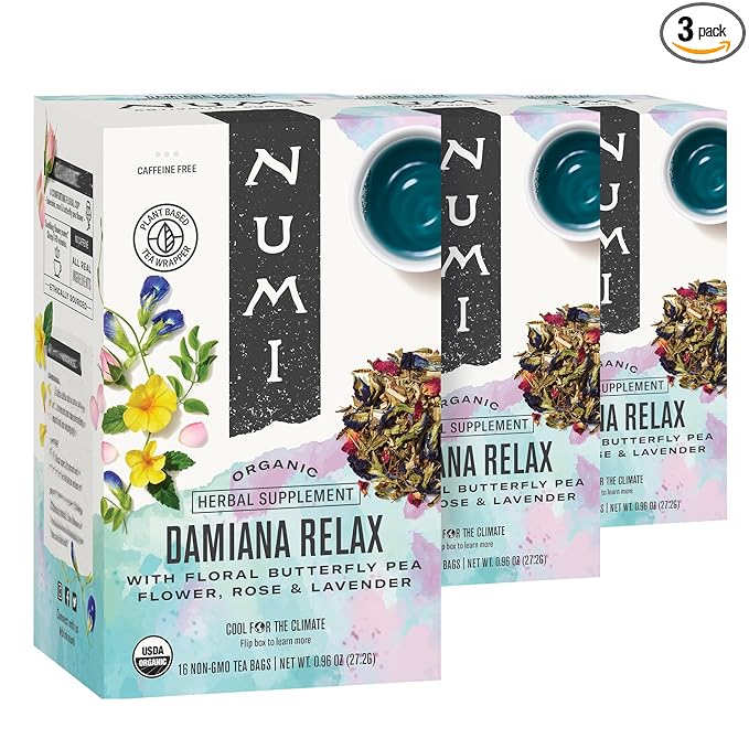 Numi Organic Tea Damiana Relax, 48 Herbal Tea Bags for Calm and Relaxation