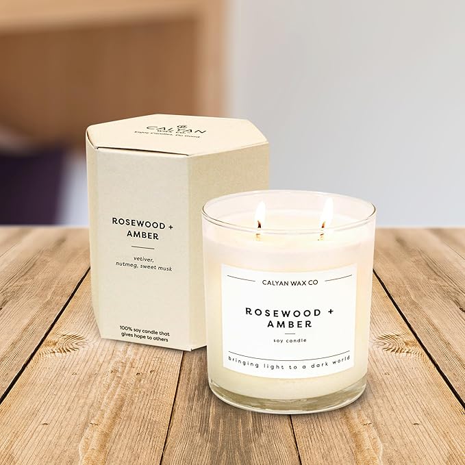 Calyan Wax Co. Rosewood & Amber 2 Wick Scented Candle - 37 Hour Burn - Luxury Non Toxic Soy Wax Candles - Long Lasting Large Glass Jar Candle for Home - 8.8oz