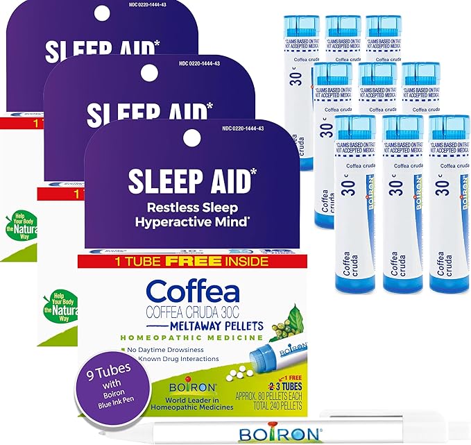 Boiron Coffea Cruda 30C - 9 Blue Tubes - Homeopathic Sleep Aid for Restless Sleep, Racing Thoughts, and Difficulty Sleeping with Blue Pen