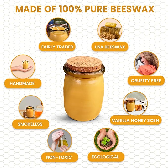BeeTheLight Beeswax Jar Candle - 100% Pure USA Bees Wax in Glass Container - Vanilla Honey