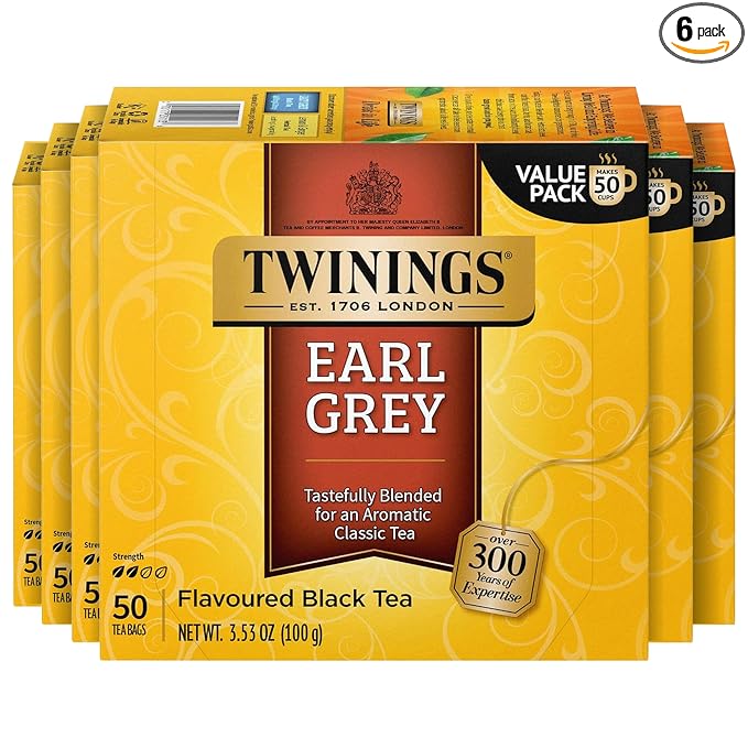 Twinings Earl Grey Black Tea Individually Wrapped Bags, 50 Count (Pack of 6), Flavoured with Citrus and Bergamot, Caffeinated, Enjoy Hot or Iced, 300 Teabags