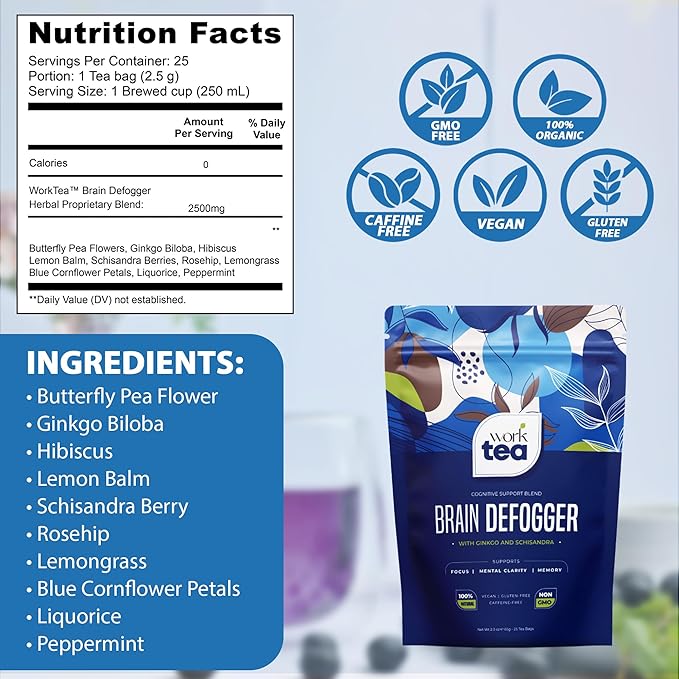 Brain Defogger Herbal Tea Bags • Supports Memory & Focus • With Ginkgo Biloba, Hibiscus & Blue Butterfly Pea Flower • Refreshing, Tangy, & Caffeine-Free • 100% Natural (25 Pyramid Tea Bags)