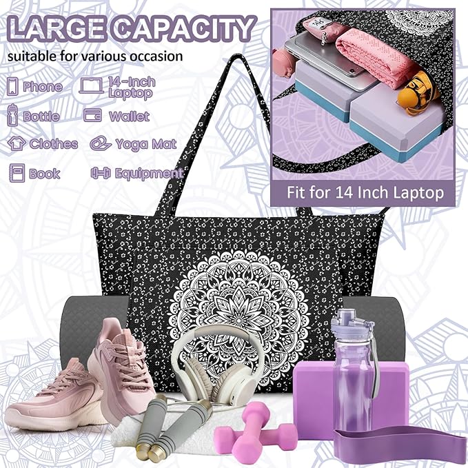 Adalore Women's Yoga Bag with Yoga Mat Carrier - Large Mat Pocket Fitness Tote for Pilates, Gym, Travel, Office & Beach
