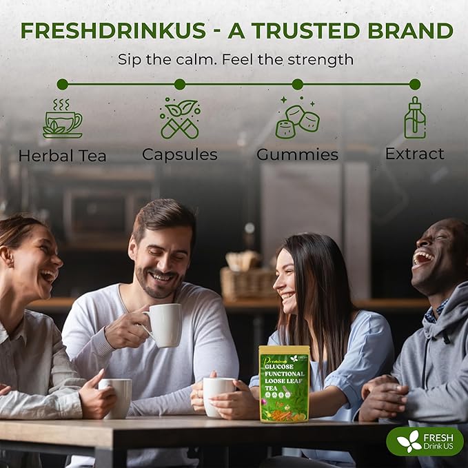 FreshDrinkUS, Glucose Functional Loose Leaf Tea | 4oz | Herbal Blend of Gymnema, Milk Thistle, Dandelion Root, Cinnamon & Ashwagandha – Naturally Caffeine-Free, Premium Quality, Balanced Flavor. Vegan