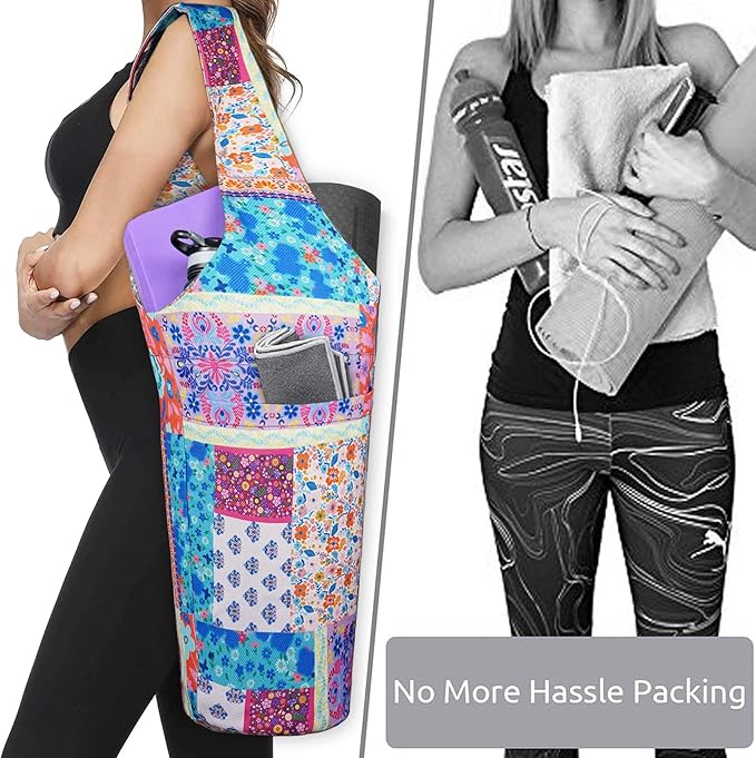 Fashion Printed Yoga Mat Bag with Large Side Pocket & Zipper Pocket Long Tote Yoga Bag Fit Most Size Mats - Holds More Yoga Accessories