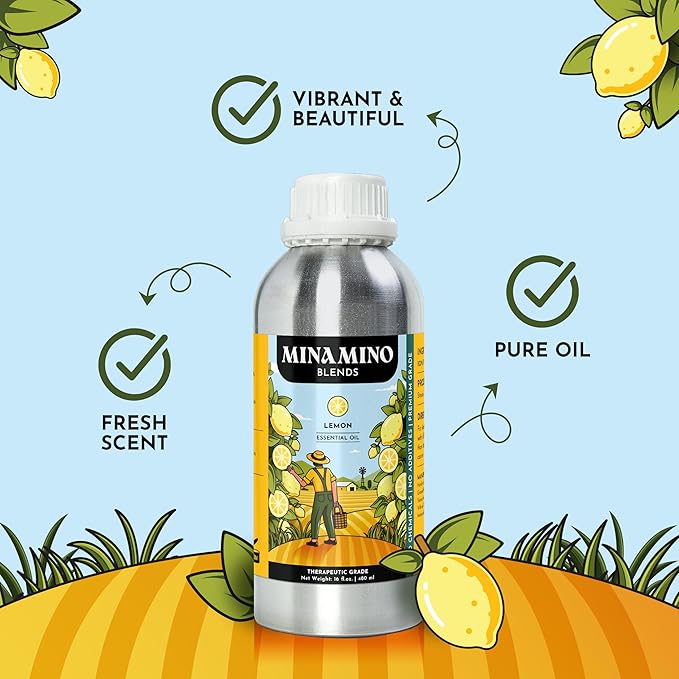 16 fl oz - Lemon Essential Oil (100% Pure & Natural) Large Aluminum Bottle for Aromatherapy, Diffuser, Candle & Soap Making - Minamino Blends