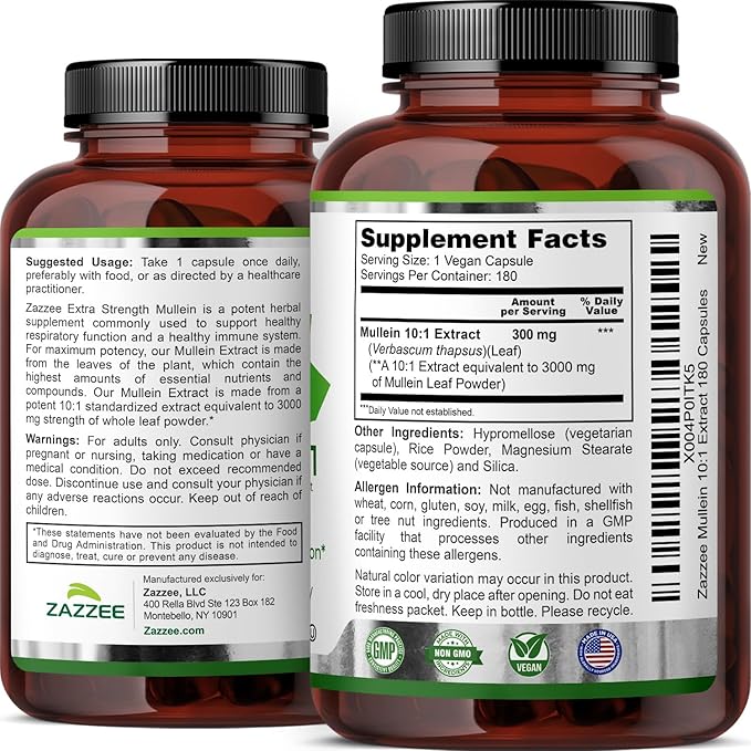 Zazzee Extra Strength Mullein 10:1 Extract, 3000 mg Strength, 180 Vegan Capsules, 6 Month Supply, Standardized 10X Extract, 100% Pure Leaf Powder, All-Natural and Non-GMO, Made in The USA