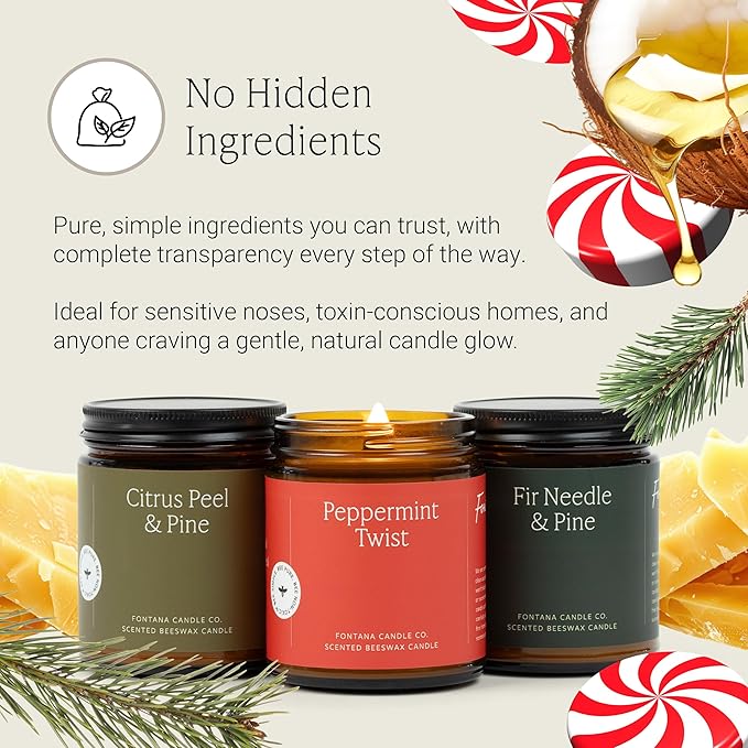 Fontana Candle Co Wood Wick Beeswax Jar Candles, 3-Jar Holiday Scent Bundle - Made with Coconut Oil & Pure Essential Oils – Clean Burn, Long Lasting and Non-Toxic Candles for Home & Room Decor