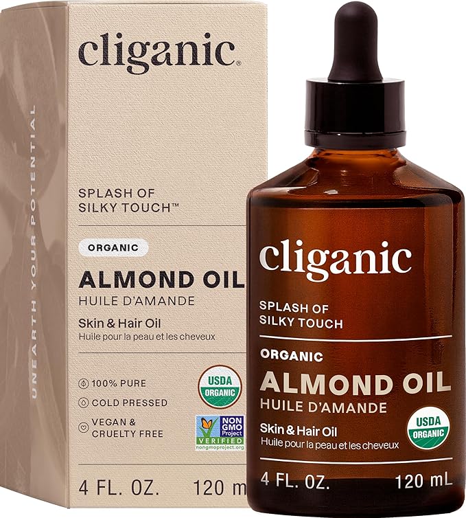Cliganic Organic Sweet Almond Oil, 100% Pure - for Skin & Hair, Nourishing Carrier Oil for Face & Body
