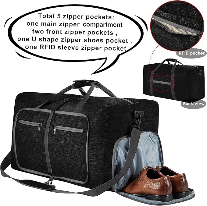 Vomgomfom 65L/85L/115L Foldable Travel Duffle Bag, Lightweight Checked Luggage with Shoe Compartment, Water-Resistant Weekender Overnight Bag for Men & Women