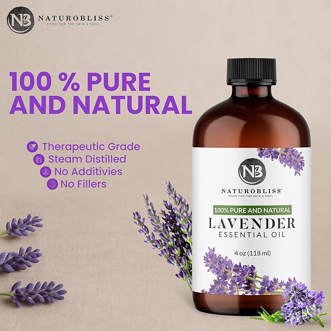 NaturoBliss Lavender Essential Oil with Glass Dropper - 100% Pure and Natural - Essential Oils for Diffuser, Aromatherapy, Soap and Candle Making, Lavender Essential Oil Pure, Lavender Oil, 4 Fl Oz