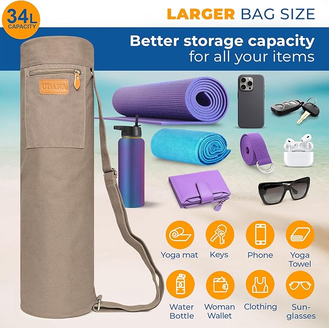 UDANA Yoga Mat Bag – Heavy Duty Canvas Carrier with 3 Pockets & Full Zip – Available in 3 Sizes (16L, 18L, 34L) - Multiple Colors