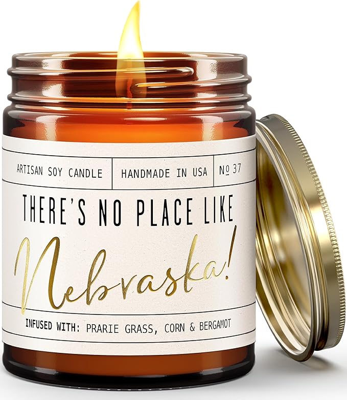 Nebraska Gifts, Nebraska Decor for Home - 'There's No Place Like Nebraska Candle, w/Prarie Grass, Eucalyptus, Corn & Bergamot I Nebraska Souvenirs I Nebraska State Gifts I 9oz Jar, 50Hr Burn, USA Made