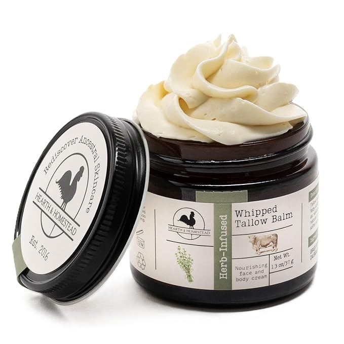 Hearth and Homestead: Handmade Whipped Tallow Balm (Unscented/Herb-Infused) - Organic Body Butter with Infused Olive Oil, for Eczema, Rosacea, Baby - 1.3 oz