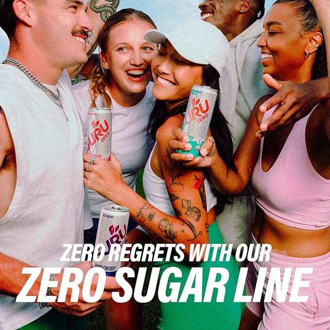 GURU ZERO SUGAR Wild Berry Organic Energy Drink with Plant Based Natural Caffeine from Green Tea, Coconut Water, Prebiotic, Zero Added Sugars, Gluten Free & Vegan, Pre Workout, 140MG Caffeine, 12 Oz (Pack of 24)