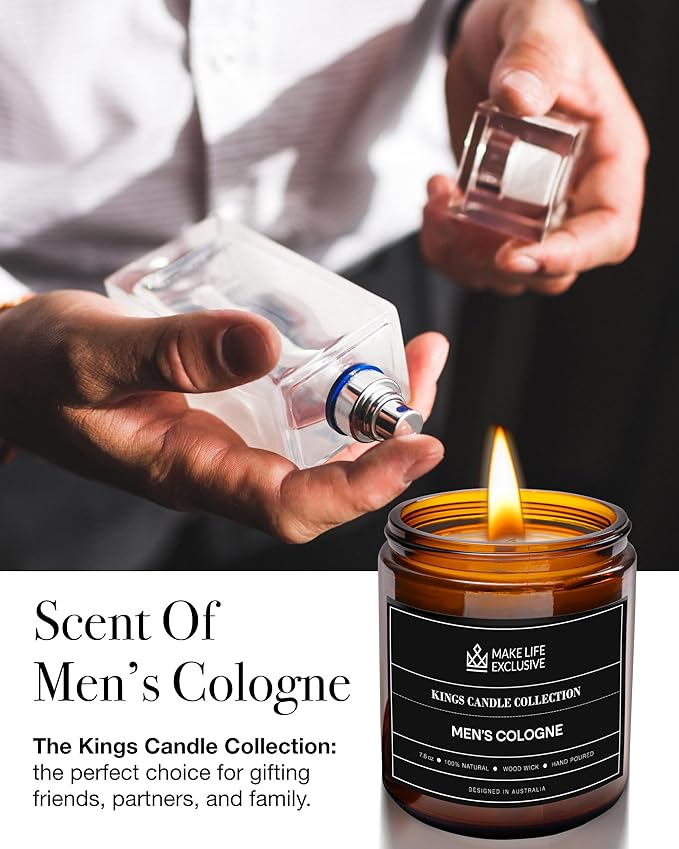 Scented Candles for Men | Men's Cologne, Amber Sandalwood Scent | Wooden Wick, Long Lasting, Masculine Scents | Natural Soy Jar Candle for Home, Bacehlor Pad Decor | The Perfect Mens Gift