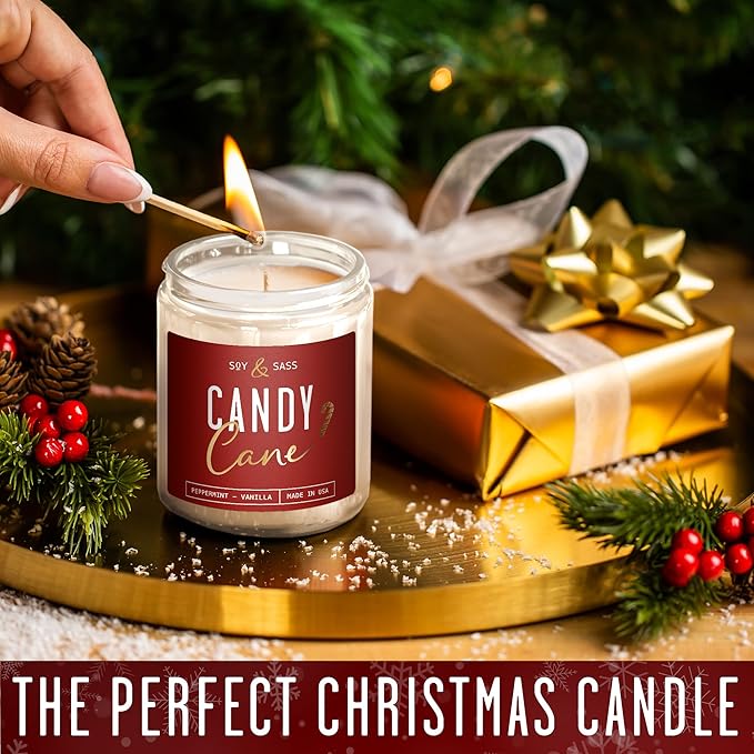 Peppermint Candle - 'Candy Cane' Christmas Candle w/Menthol, Peppermint & Vanilla - Infused with Essential Oils I Christmas Candles Scented I 9oz, 50Hr, Made in USA