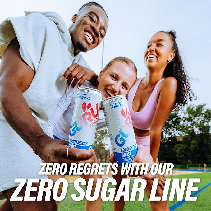 GURU ZERO SUGAR Wild Ice Pop Organic Energy Drinks, Clean Energy Drink with Plant Based Natural Caffeine from Green Tea, Coconut Water, Prebiotic, Zero Added sugars, Gluten Free and Vegan, Pre Workout, Healthy Drinks, 12oz (Pack of 24)