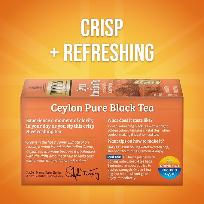 Twinings Ceylon Pure Black Tea Individually Wrapped Bags, 20 Count (Pack of 1), formerly Ceylon Orange Pekoe, Crisp, Refreshing, Caffeinated, Enjoy Hot or Iced, 20 Teabags