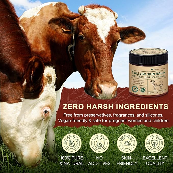 Beef Tallow for Skin & Face Cream with Castor Oil and Frankincense,120g,Organic Natural 100% Grass Fed,Whipped Beef Tallow Balm Deeply Moisturizing for Face & Body Care,4.2 oz